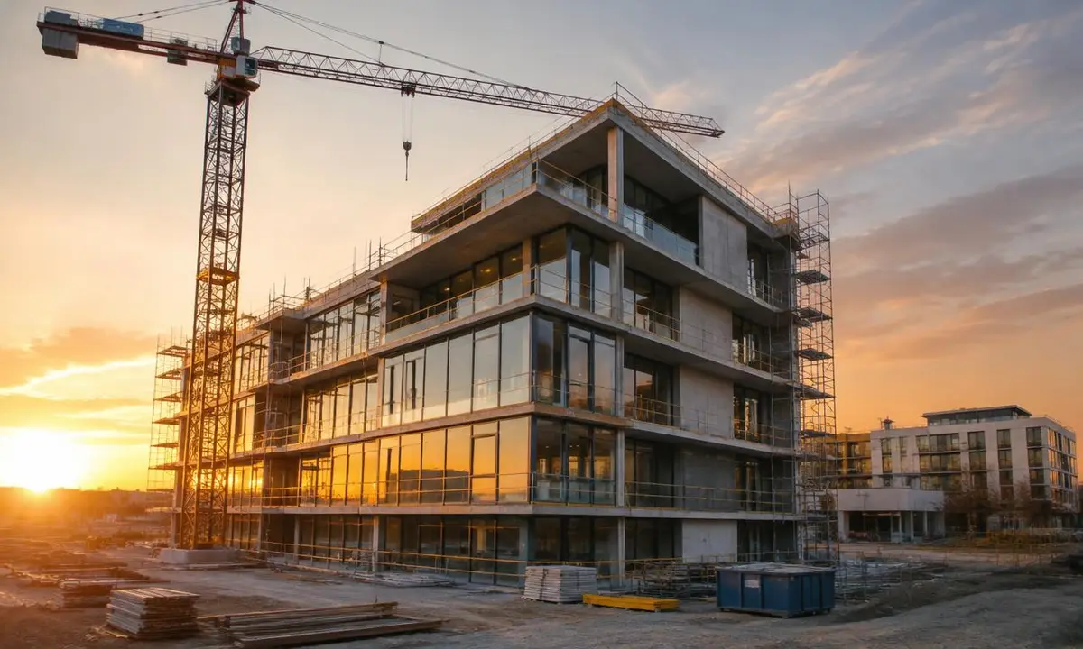 Nearly completed multi-storey building with a tower crane at sunset